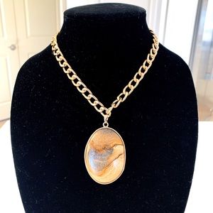 Handmade Wide Gold Plated Chain Brown Oval Jasper Pendant Necklace
